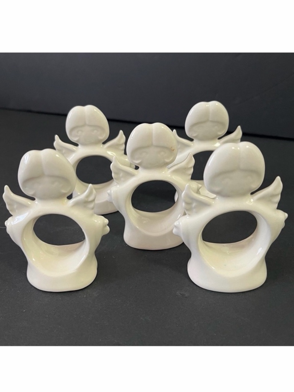 Vintage White Ceramic Angel Christmas Napkin Rings Holders Kitsch Retro MCM 5x